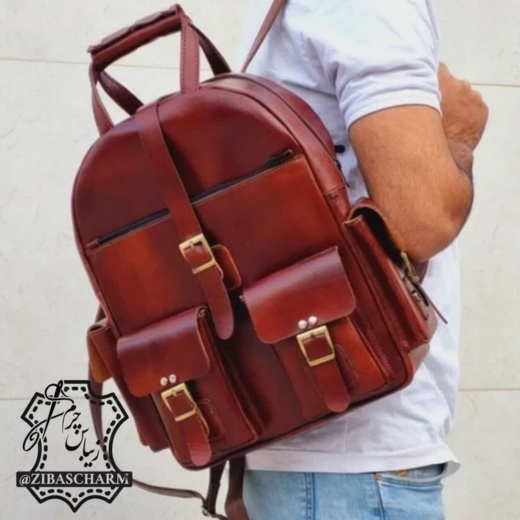 کوله پشتی دانشجویی چرم طبیعی دستدوز زیباس چرم